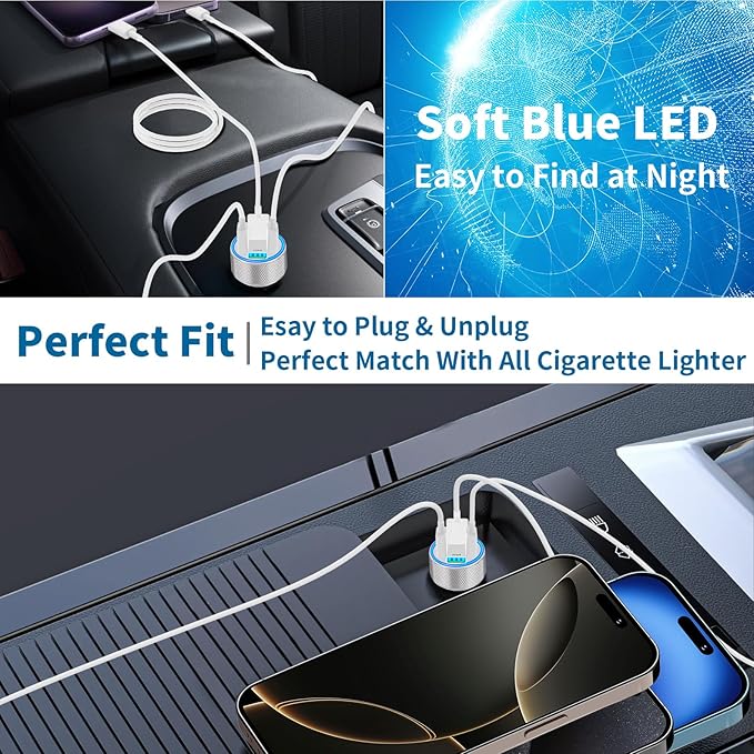 USB Car Charger, Stuffcool 60W Dual USB-A + QC3.0 Power Cigarette Lighter Adapter 4-Port Car Charger Carplay Fast Charging for iPhone 17 17 Pro Max 16 15 14 13 12/Galaxy S26 S25 S24 S23/Pixel 9 8/iPad