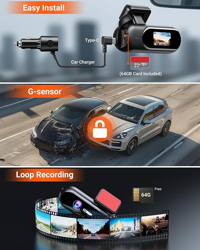 4K Dash Cam Front,Built-in 5G WiFi,64GB Card Included, Dash Camera for Cars, Mini 1.5" IPS Screen Dashcam with App Control,Super Night Vision, Loop Recording, G-Sensor, 24 Hours Parking Monitor