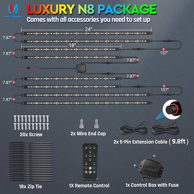 MICTUNING N8 RGBW Underglow Light Bars for SUVs, App/Remote Control, Aluminum Housing Waterproof, Exterior Neon Accent Underbody LED Light Strips, w/ 2pcs 9.8ft Extension Cords, 8PCS