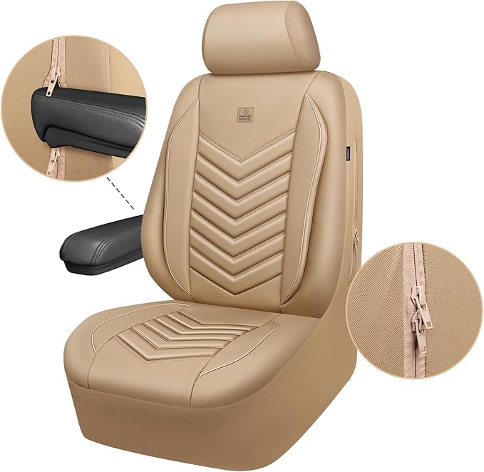 CAR PASS 3D Foam Faux Leather Car Seat Covers Full Set,Waterproof Tan Leather Seat Cover for Cars,Luxury Universal Fit Anti-Slip for SUV Truck Sedan Automotive,Armrest Airbag Compatible,All Beige