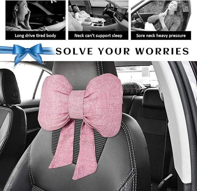 Sun Walker Bow Car Headrest Pillow, Breathable Bow-Shaped Vehicle Neck Pillow with Adjustable Strap, Ergonomic Neck Support Cushion Driving Seat Decoration for Women Girls (Pink)