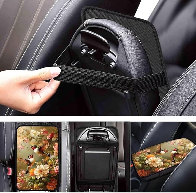 Dreaweet Car Center Console Cover Pad Hummingbird Flower Car Accessories for Women Softness Car Arm Rest Cushion Cover Universal Armrest Cover for Car SUV Sedan