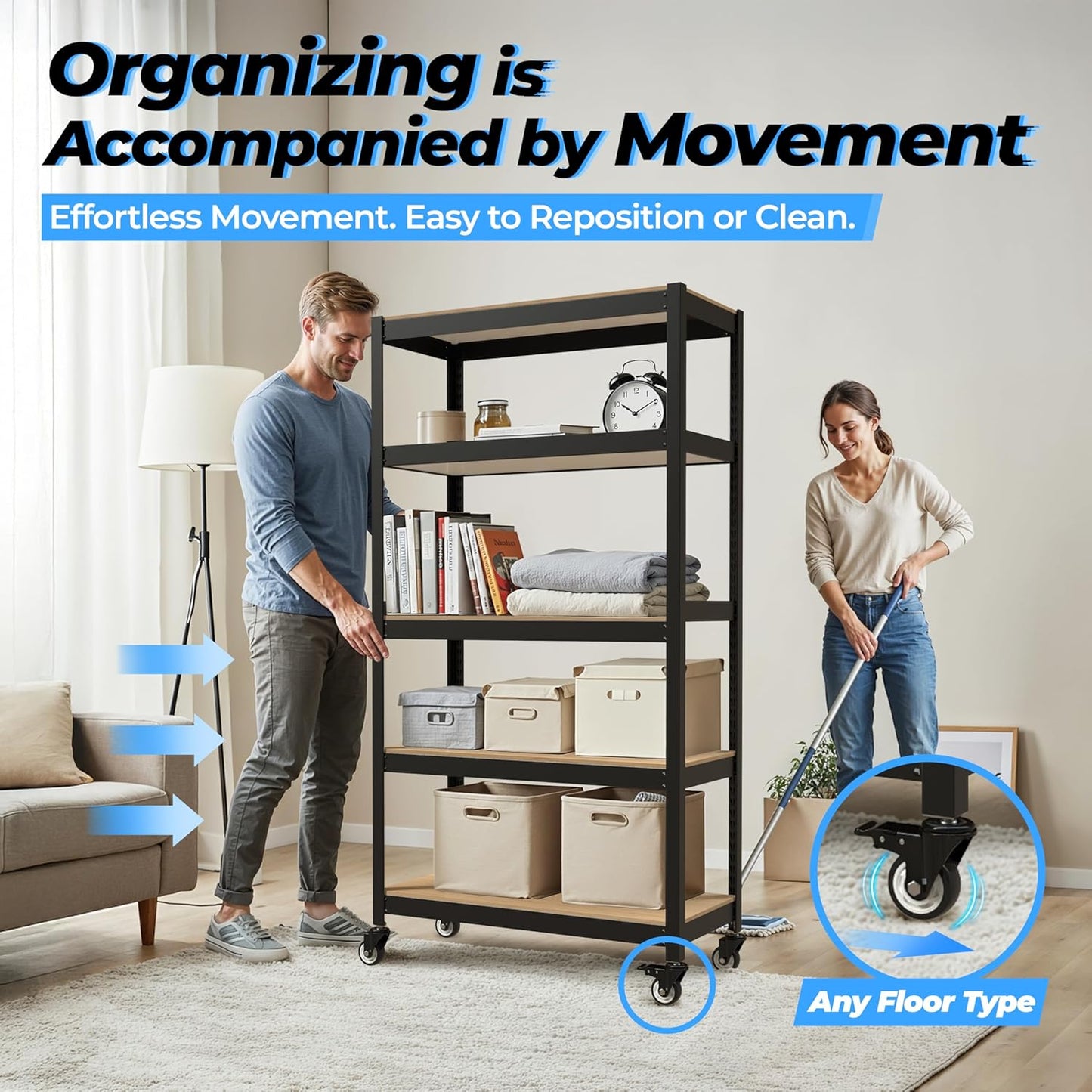 HOMEDANT House 5-Tier Metal Rolling Cart Shelf Rack Casters Heavy Duty Laminated Wheel Shelving Unit Adjustable Utility Storage Shelves Organizer Shelf Kitchen Garage 24.4" W x 16.5" D x 62.2" H 1Pack