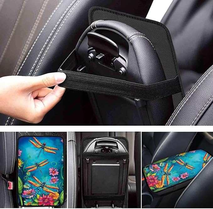 Dreaweet Dragonfly and Flower Print Car Center Console Armrest Cover Pad Soft Universal Center Console Armrest Cover Protector for Vehicle SUV Trucks Sedan Cute Car Accessories for Women Girly