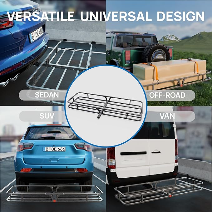 TUFFIOM 54"x19"x5.5" Hitch Mount Cargo Carrier Basket, 500lbs Steel Car Cargo Trailer Hitch Luggage Rack with Straps & Stabilizer for SUV Car Truck Van with 2" Hitch Receiver