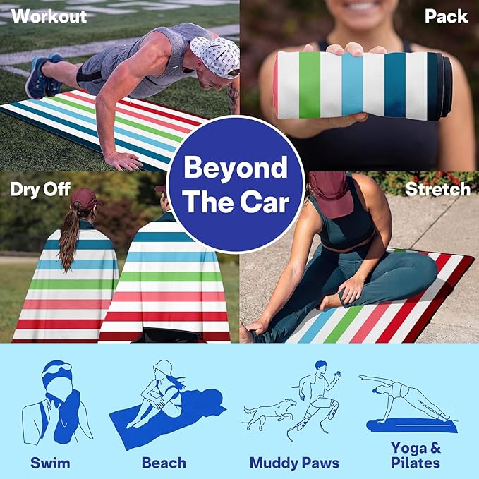 2 Pack Car Seat Towel Covers, Sweat Protector for Front Seats, Premium Thickened Microfiber with Colorful Rainbow Stripes, Breathable & Quick Dry, Slip-on Headrest Pocket for Gym, Beach, Running