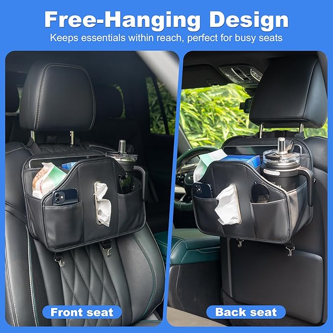 Upgraded Car Seat Back Organizer With Extra Large Tissue Holder Fits For Kleenex Tissue Box (50-230ct), PU Leather Headrest Seat Back Storage Accessories (Black-2 Packs)