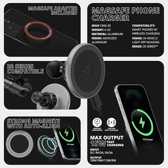 Tackform 20 Series High Strength Magnetic Wireless Charging Phone Holder with 20mm Ball - Compatible with MagSafe and Bulletpoint | NOT for Use with 1" / 25.4mm / B Sized Systems