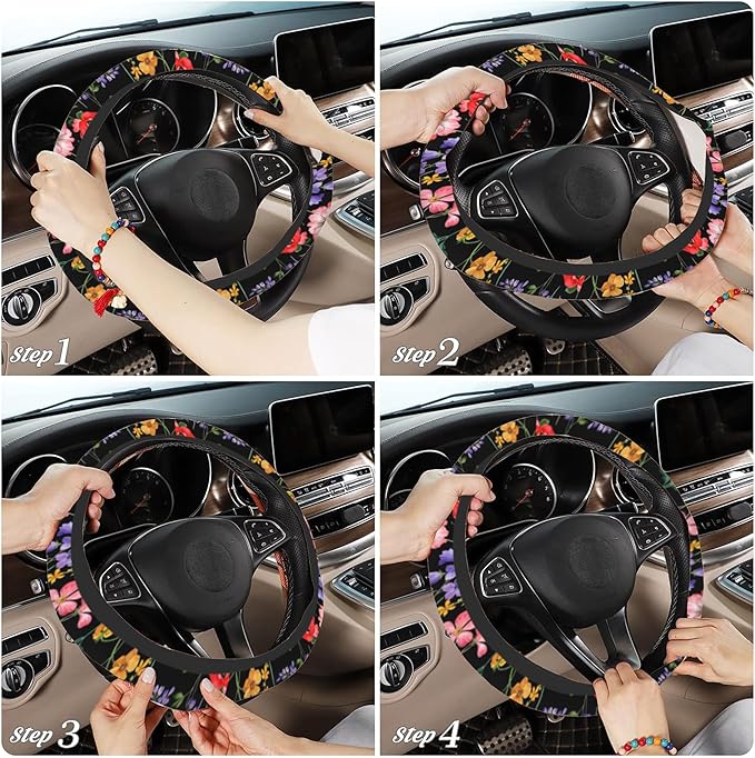 Colorful Floral Flowers Steering Wheel Cover, Elastic Non-Slip Steering Wheel Protector,Auto Interior Decor for Women Girls,Universal 15" Fit for Sedans,Trucks