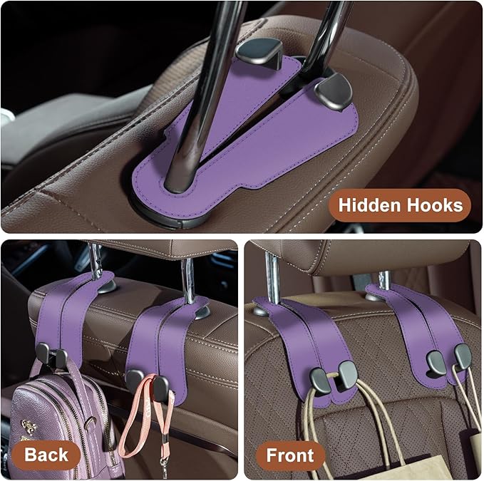 CoBak Purse Hook for Car - Universal Premium Stitched Leather and Aluminum-Magnesium Alloy Double Car Seat Back Storage Hook for Purses, Handbags, Bags (2 Pack),Amethyst Purple
