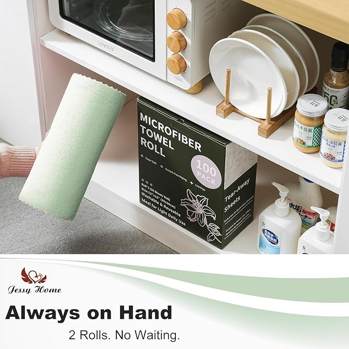 Jessy Home 50 Pack Microfiber Cleaning Cloth Roll,Reusable Paper Towels,12"x12" Tear Away Towels,Durable,Scratch Free,Lint Free Microfiber Rags for Car,Kitchen Garage,Home