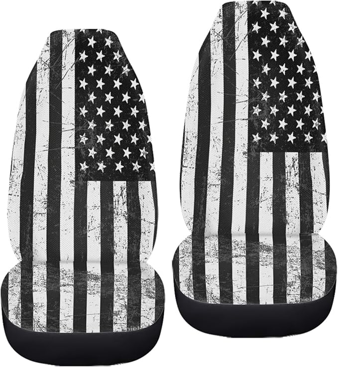 ELEQIN Patriotic American Flag Print Front Seat Cover 2 Pcs,Classic Black White Universal Vehicle Seat Protector Mat Covers, Fit Most Cars, Sedan, SUV, Van Truck