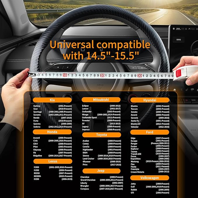 Carbon Fiber Steering Wheel Cover, Universal 15 Inch Snap On Car Steering Wheel Cover for Men/Women, Comfortable & Breathable Microfiber Car Accessories Interior (Black)