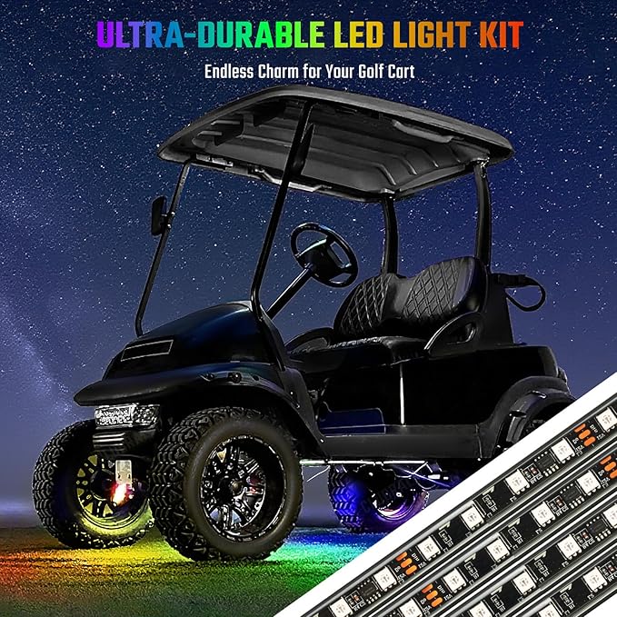 Golf Cart Underglow LED Light Strip Kit, 28 Modes Neon Underbody Glow, 12-85V, Music Sync, Wireless Remote Control, Universal for All Golf Carts, EZGO, Club Car, Yamaha, 4 Pack