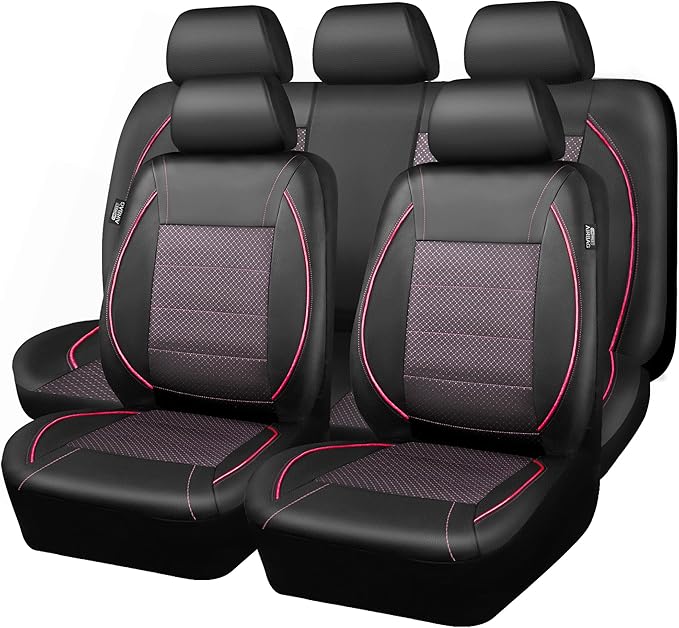 CAR PASS Piping PU Leather Car Seat Cover Full Set,Inside Zipper Design and Reserved Opening Holes,Airbag Compatible,Universal FIT for Car, SUVs,Van,Trucks(Full Set, Black & Pink)
