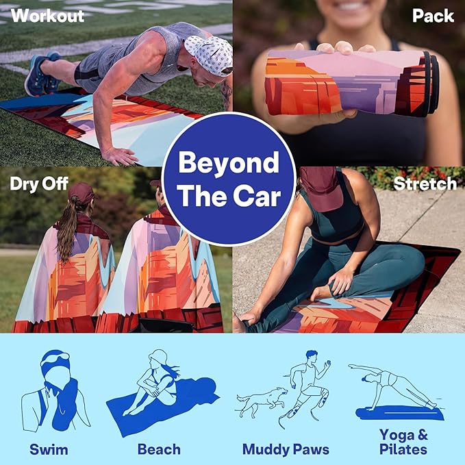 2 Pack Car Seat Towel Covers, Sweat Protector for Front Seats, Premium Thickened Microfiber with The Grand Canyon, Breathable & Quick Dry, Slip-on Headrest Pocket for Gym Running Beach Universal Fit