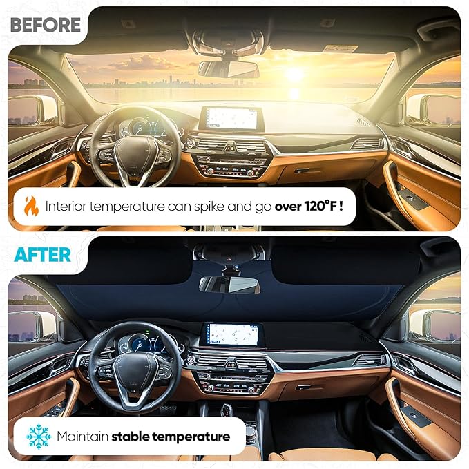 FORTEM Car Sun Shade for Windshield, Reflective Windshield Sunshade, 240T Polyester, Automotive Interior Sun Protection, Ultimate Heat and UV Shield, Foldable, Storage Bag