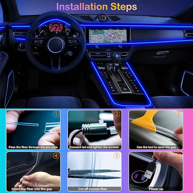 Interior Car LED Strip Lights, RGB 5 in 1 Ambient Lighting Kits with 236 inches Fiber Optic, 16 Million Colors Music Sync USB Car Interior Lights with Wireless APP/Button/RF Remote Control (5 in 1)
