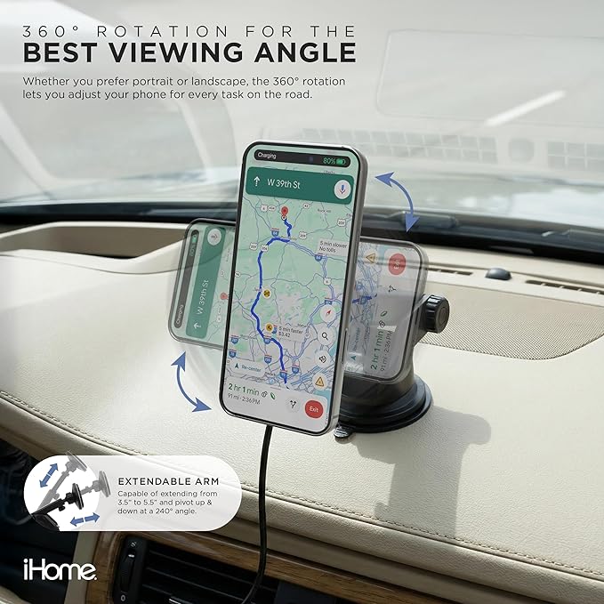 iHome Car Mount, Dashboard/Windshield/Vent Mount, Swivel Neck, Silicone Grip, Adjustable Mount Arm with Suction Cup Base (Magnetic Charging Car Mount)