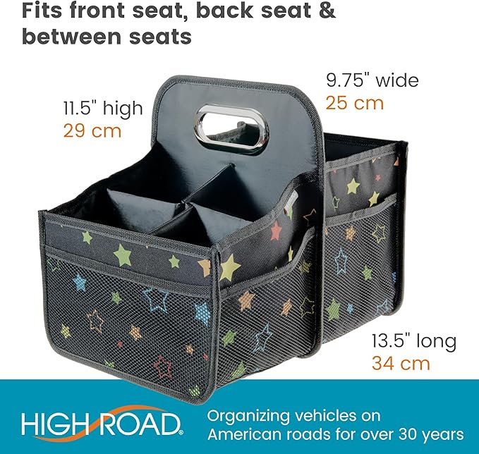 High Road Car Seat Caddy Organizer with Cup Holders - Middle Seat Car Organizer for Kids or Passenger Seat Organizer for Drivers - Portable Car Storage Bin with Easy Carry Handle (Starry Night)