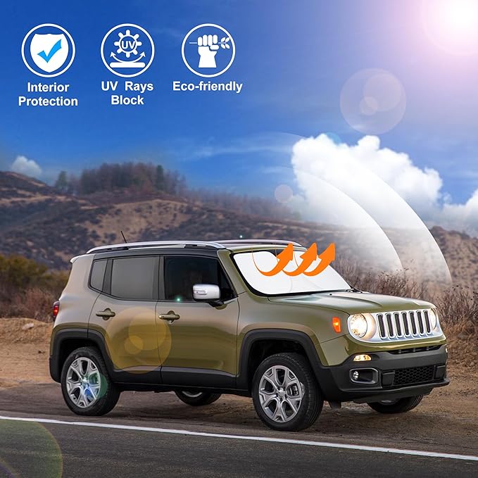 Windshield Sun Shade Custom Fit for 2015-2024 Jeep Renegade Accessories Foldable Sunshade Sun Blocker Protect Car from Sun Rays & Heat Damage Keep Car Cooler