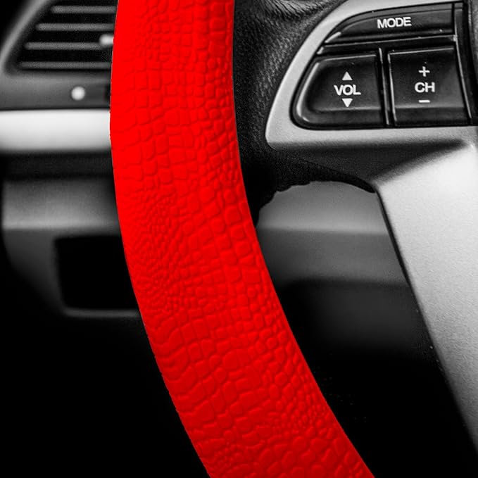 FH GROUP Car Seat Covers Premium Tall Channel Rubber Trimmable Floor Mats w. FH3001 Snake Pattern Silicone Steering Wheel Cover- Universal Fit for Trucks, SUVs, and Vans (Red/Black) F11311