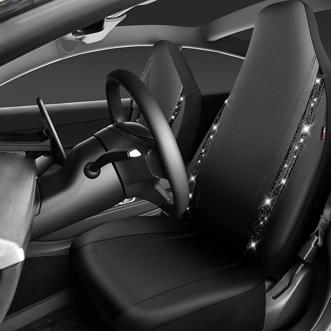 CAR PASS Leather Car Seat Covers High Back Bucket Bling Diamond Front Seats, Waterproof Universal Shining Glitter Crystal Sparkle Fit Model 3 Tesla Model Y, Truck SUV Cute Women Girl, Black Rhinestone