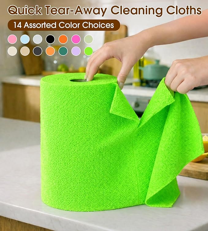 KitchLife Microfiber Cleaning Cloth Roll, 100 Pack - Tear-Away Microfiber Paper Towels, Lint-Free, Reusable, Washable for Kitchen, Car, Dishes, and Sensitive Surfaces (Neon Green)