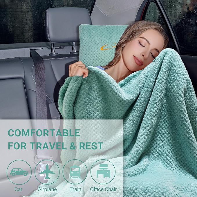 Compact Travel Blanket for Airplane, Premium Soft 2-in-1 Blanket with Pillowcase and Carry Bag, Lightweight Travel Essentials with Luggage Sleeve and Backpack Clip, Mint Green