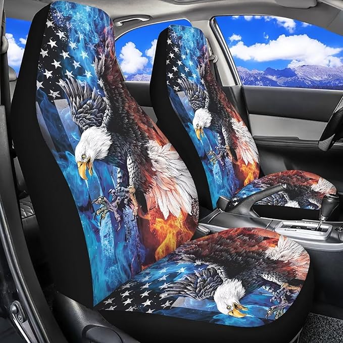 ELEQIN Smoke Eagle US Flag Car Front Seat Covers, 2 Pack Polyester Automotive Seat ProtectorsSoft & Breathable, Automotive Interior Accessories for Most Cars