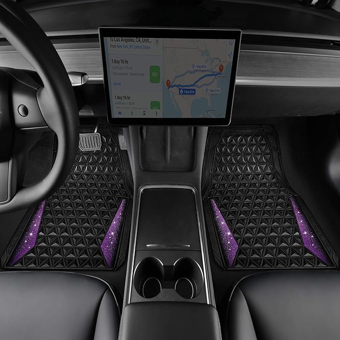 CAR PASS Bling Rubber Car Mats Diamond Floor Mats Full Set Anti-Slip 3D Rhombus Waterproof Universal Trim to Fit Liner Glitter Crystal Sparkly Shining Rhinestone Girl Women SUV Sedan Van, Black Purple