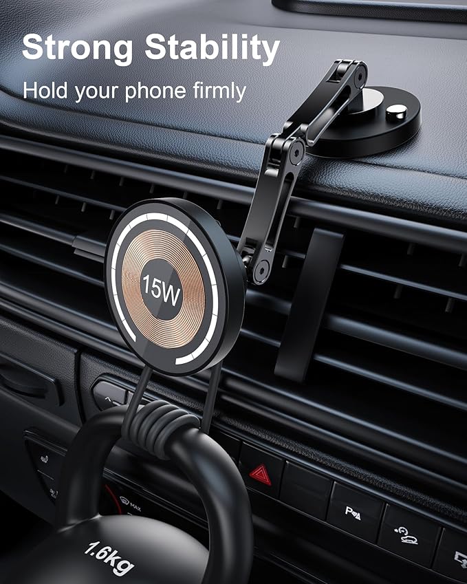 ZBF Magnetic Wireless Car Mount Charger, 15W Fast Charging Mag-Safe Car Mount,Magnetic Car Phone Holder Mount, Car Cell Phone Holder Fit iPhone 17 16 15 14 13 12 All Smartphones