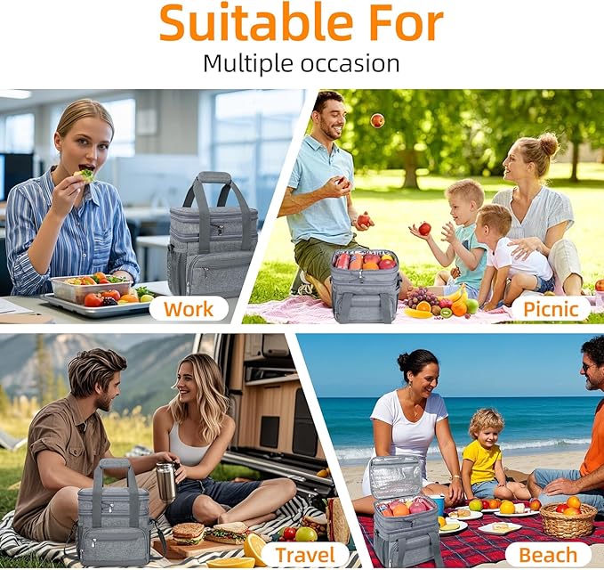 Insulated Lunch Box for Men & Women - Double Layer Leakproof Lunch Bag with Adjustable Shoulder Strap, Expandable Food Cooler for Work, Office, Travel, Camping (Grey)