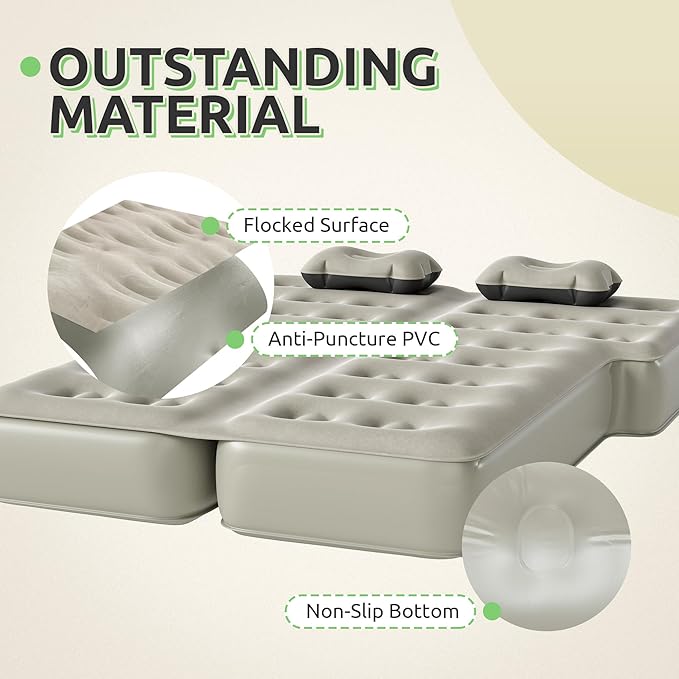 GOOBED Inflatable SUV Camping Mattress with Pump & Accessories, 10-Inch Thick Air Bed with Pillows, Storage Bag & Patch Kit, Fits 4Runner, Jeep, and Most Midsize to Large SUVs (Gray)