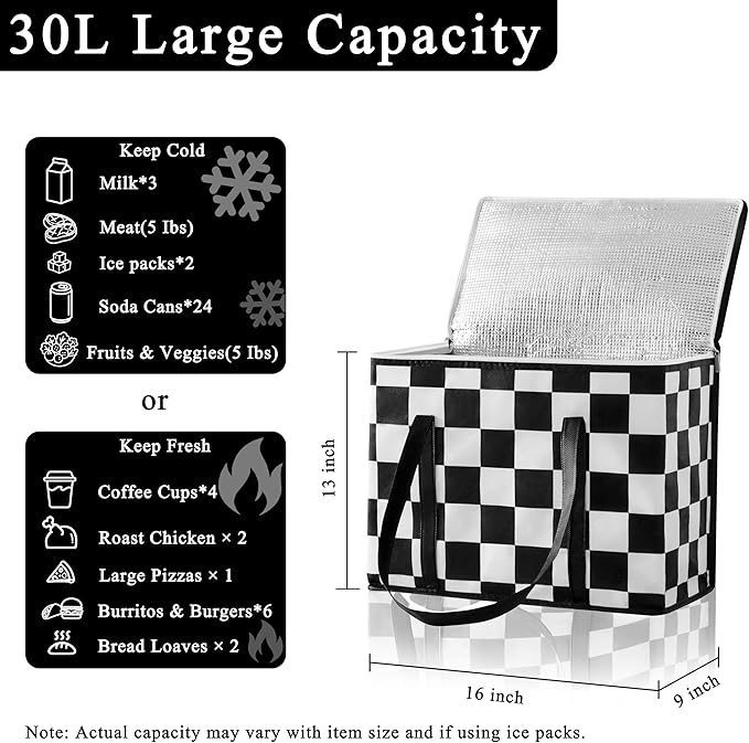 Checkered Insulated Grocery Bags 2 Pack, Checkerboard Cooler Shopping Bags for Groceries, Insulated Bags for Food Delivery