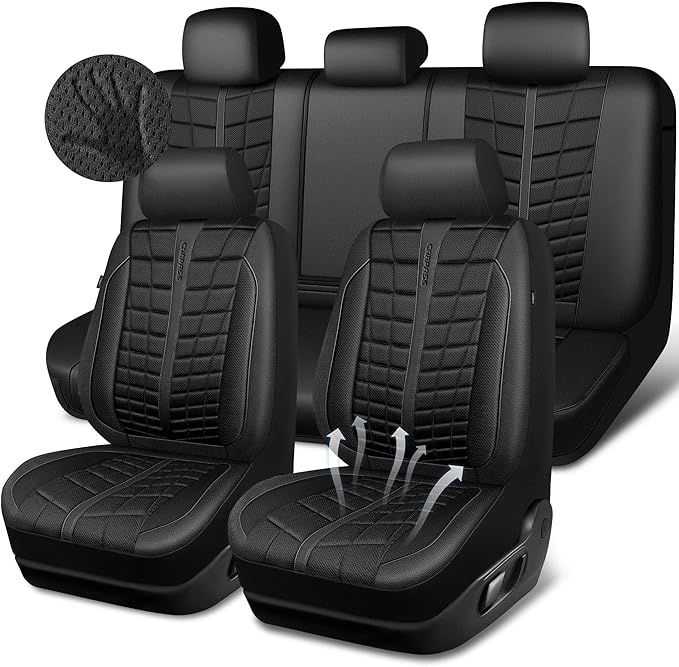 CAR PASS 3D Foam Mesh Leather Car Seat Covers Full Set, Breathable Premium Leather Seat Covers for Car, Anti Slip Universal Fit for Trucks Cars Sedans Vans SUVs, Airbag Compatible, All Black