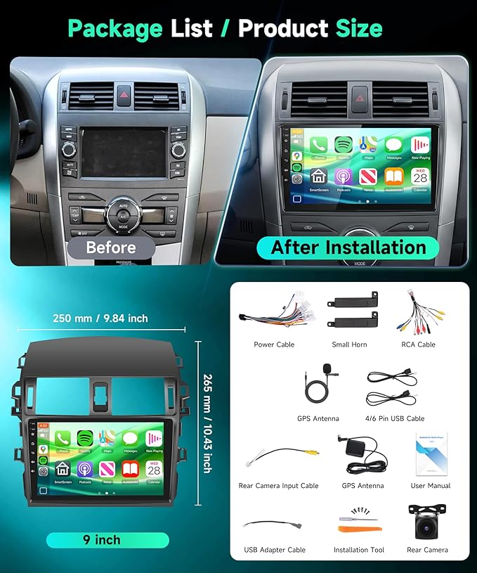 8 Core 6G+128G for Toyota Corolla 2009-2013 Android Car Stereo Carplay Android Auto, Rimoody 9 Inch for Corolla Radio GPS 4G-WiFi Bluetooth 5.0 FM/RDS DSP-36 Mirror Link Backup Camera
