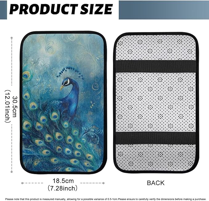 Blue Peacock Armrest Cover Full Coverage Car Arm Rest Cushion Washable Middle Console Lid Cover Pad Protector Elbow Universal Fits Most Cars, SUVs, Trucks and Vans