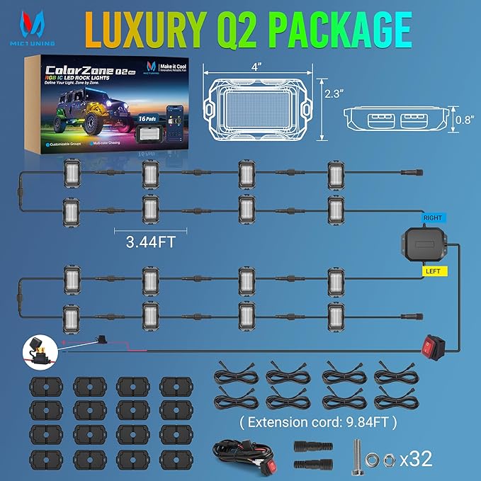 MICTUNING Q2+ MAX RGB+IC Rock Lights - 16 Pods Multi-Color DIY Effect Underglow Neon Kit, Individual Group Control, APP Music Sync, IP68 Waterproof
