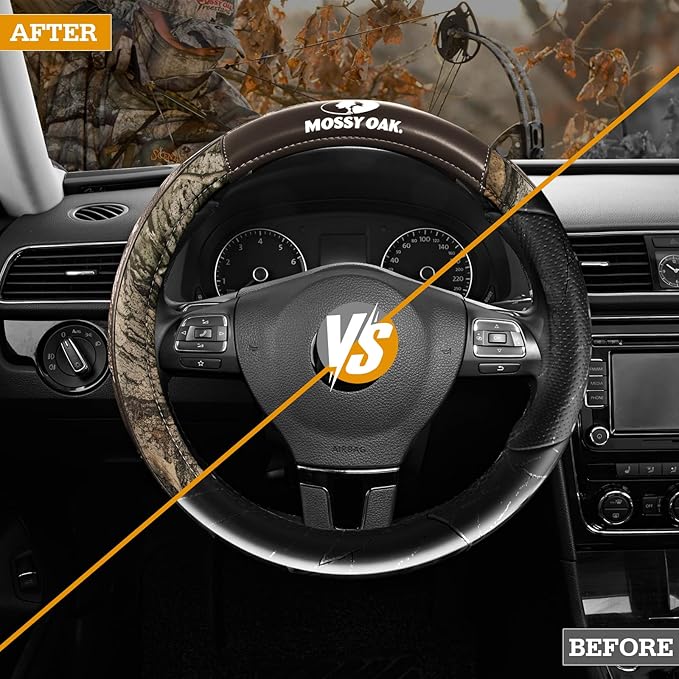 Mossy Oak Camo Steering Wheel Cover, Durable Grip Car Steering Cover, Universal Fit 14.5"–15.5" - Made with Premium Brown PVC Leather and Cotton Fabric, Anti-Slip - Official Licensed Product