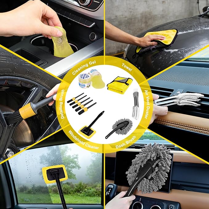 Nilight 15PCS Car Detailing Kit Auto Cleaning Tools Wash Set with Storage Carry Bag Beginners Easy to Use for Interior Exterior Car Care Clean Windshield Dashboard Seat Air Vents Wheels Tires, Yellow