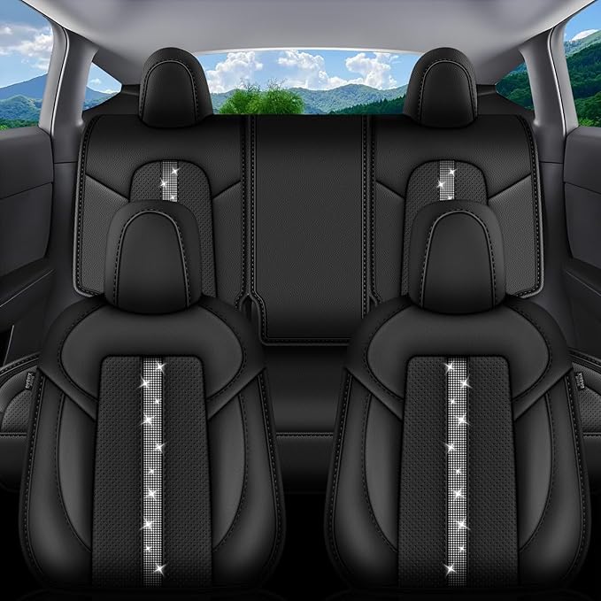 AOMSAZTO Upgrade for Tesla Model Y Seat Covers, Half Surround Bling Diamond Leather Seat Protectors, Airbag Compatible & Custom Fit 2020 2021 2022 2023 2024 5-Seater Full Set, Easy to Install