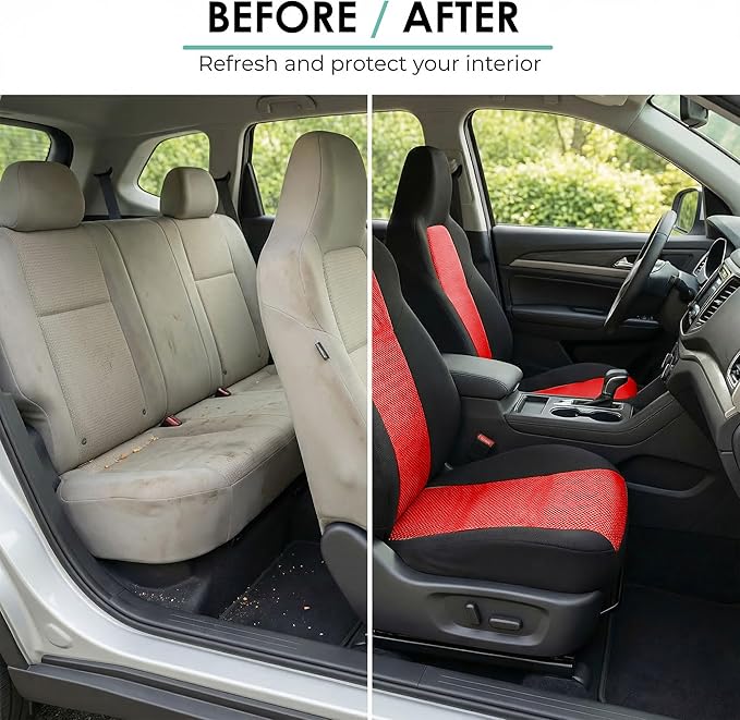 FH Group Automotive Full Car Seat Covers for SUV, Trucks, Sedan and More - Universal Fit Front High Back & Rear Solid Bench Design Interior Accessories - 3D Air Mesh Fabric Center Panel - Red