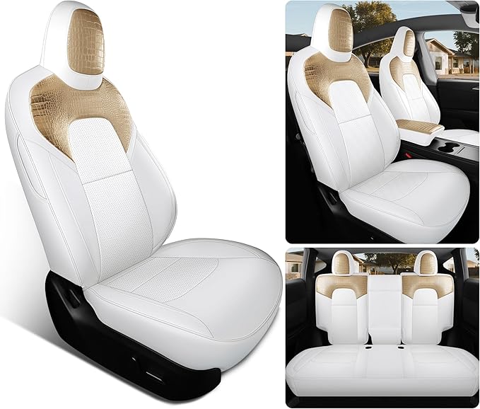 for Tesla Model Y Car Seat Cover Custom Fit 2020 2021 2022 2023 2024 Crocodile and Nappa Leather Seat Cover Full Set Interior Accessories (Crocodile Skin Golden+White)