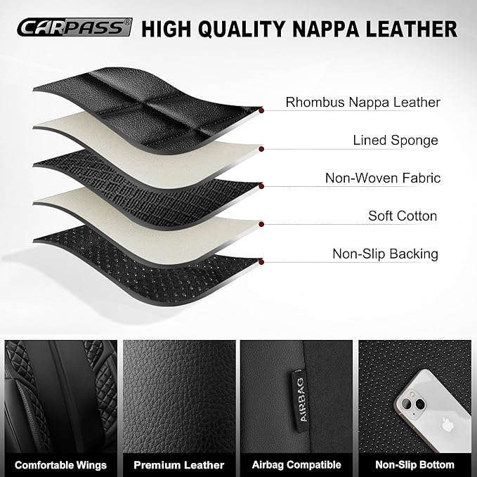 CAR PASS Nappa Leather Car Seat Covers Full Set, Luxury Seat Protector for Cars, Waterproof Anti-Slip PU Seat Cushion Airbag Armrest Compatible Universal for Sedan SUV Pick-up Truck Auto, All Black