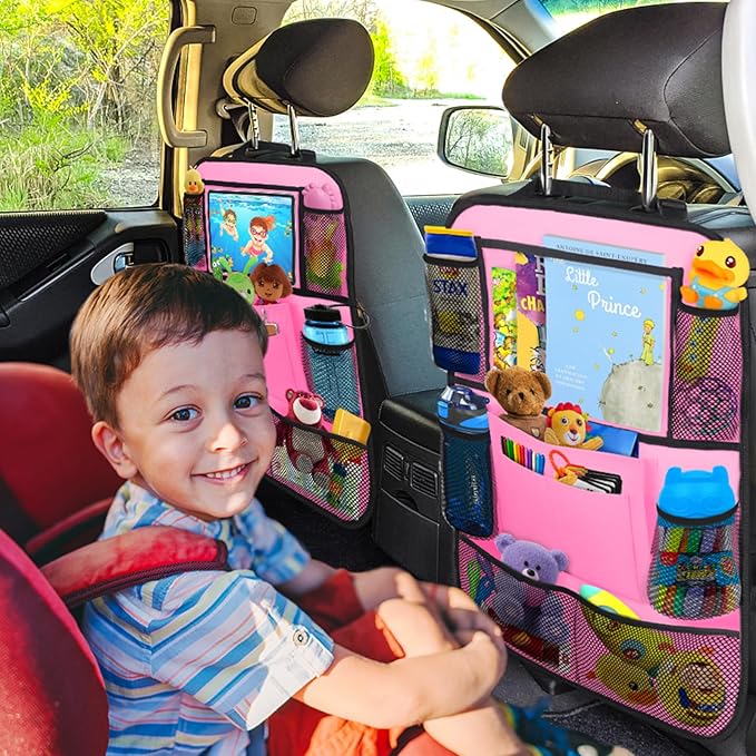 ULEEKA Car Backseat Organizer with 11" Table Holder, 10 Storage Pockets Seat Back Protectors Kick Mats for Kids Toddlers, Travel Accessories, 2 Pack, Pink