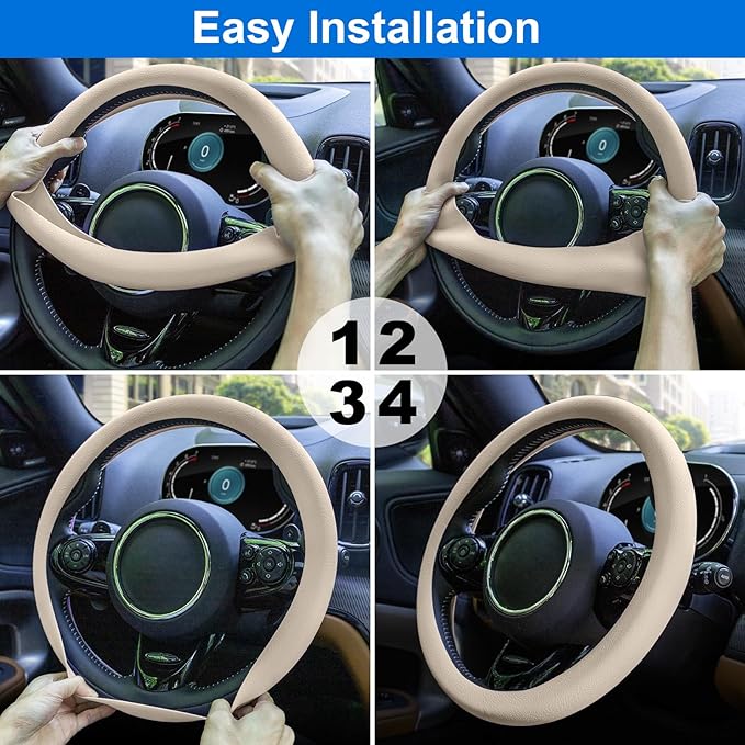 Spurtar Beige Car Steering Wheel Cover Men, Soft Thin Silicone Leather Texture Car Accessories for Women, Fit Diamenter 15" - 16.5"