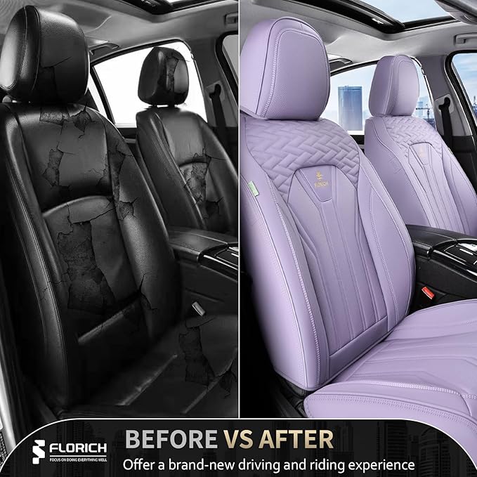 FLORICH Car Seat Covers, Leather Front Seat Cover, Purple Waterproof Seat Covers, Automotive Seat Cover 2 Pack, Luxury Universal Seat Cushion Car Seat Protector Fit for Most Cars Trucks SUVs