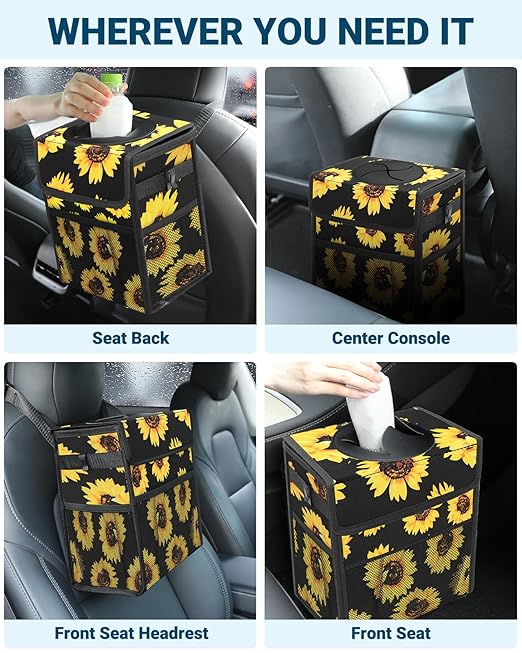 Capolo Car Trash Can with Lid, Leakproof Car Trash Bag Hanging Waterproof Automotive Garbage Can with Storage Pockets Mini Vehicle Trash Bin for Back/Front Seat(Sunflower,2.5 Gallon)