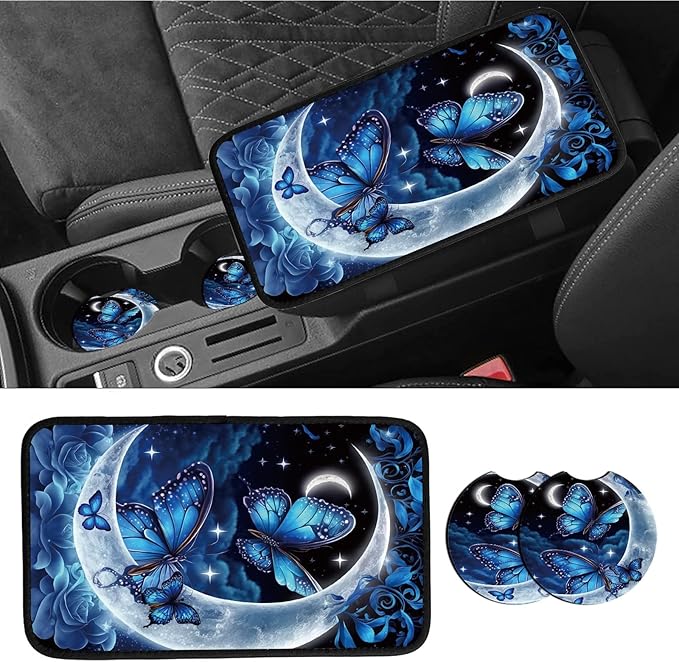 Car Armrest Cover Pads Universal Fashion Cute Auto Center Console Armrest Cover Pad with 2PCS Car Coasters Soft Waterproof Car Armrest Seat Protector for Women Girls, Blue Moon Butterflies